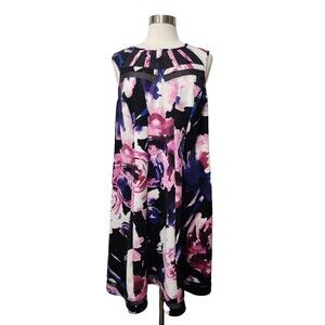 W WRAPPER Dress 2X Pink Blue Panel Trapeze Swing Back Zip Sleeveless Mesh Neck